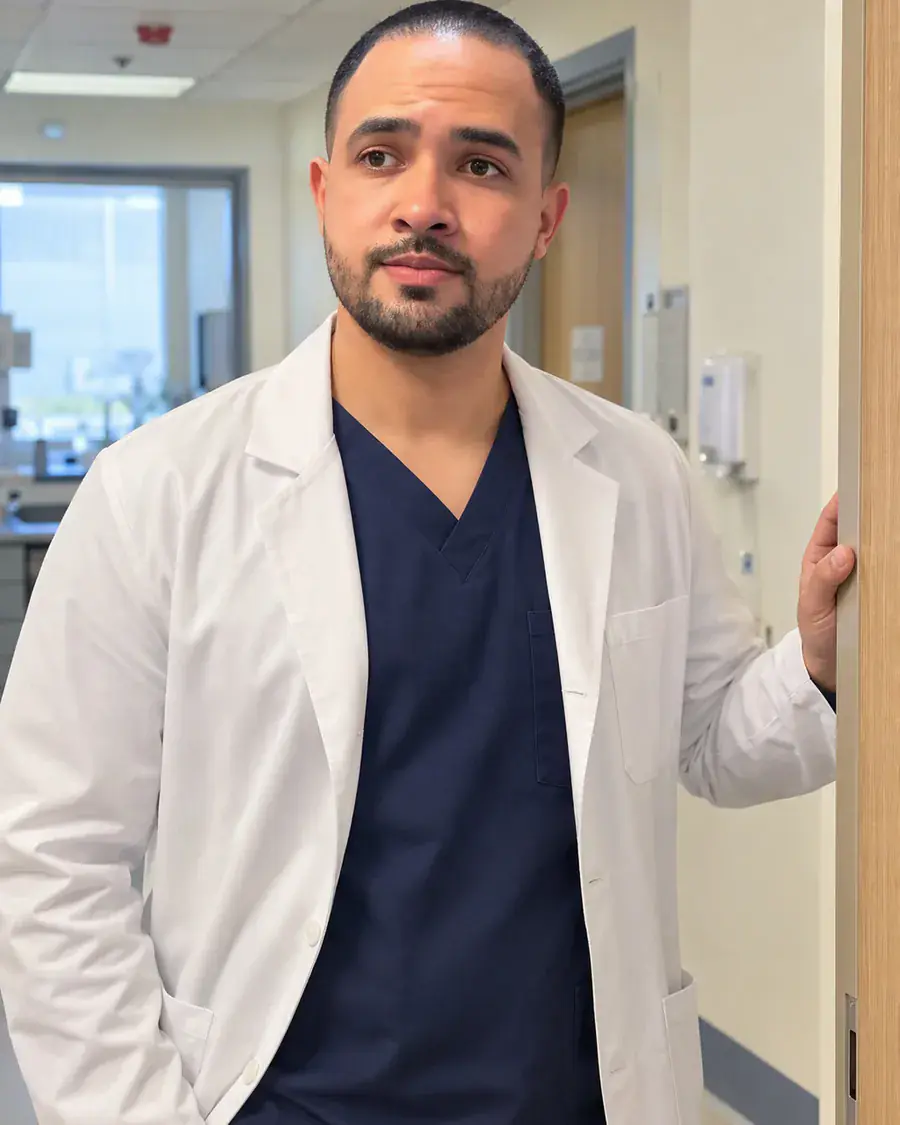 Clinician in a white coat leaning on a hospital door frame