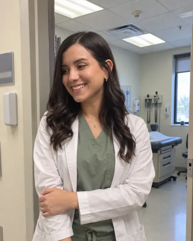 Clinician in a white coat smiling in a hospital ward